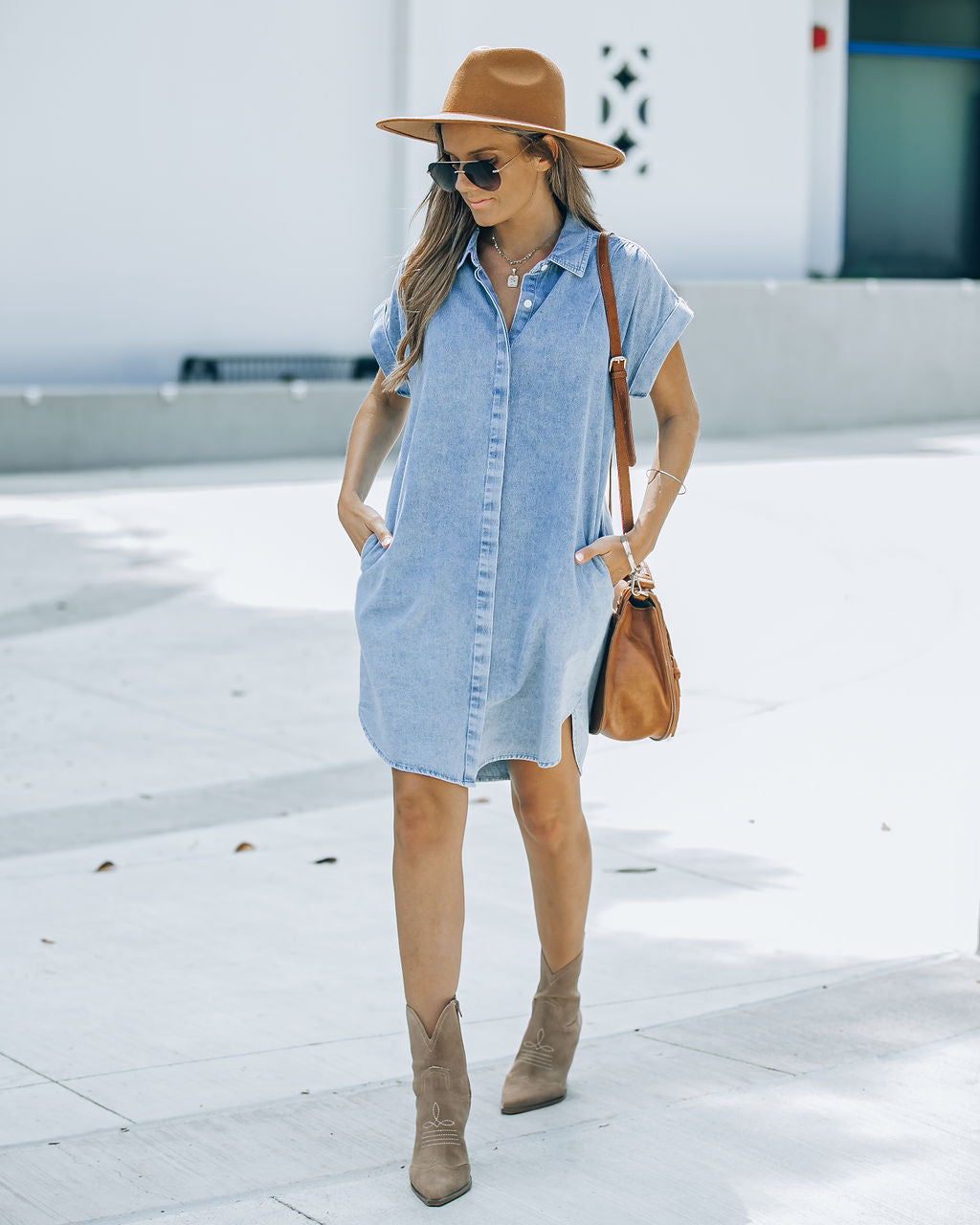Chelsea Pocketed Denim Button Down Shirt Dress