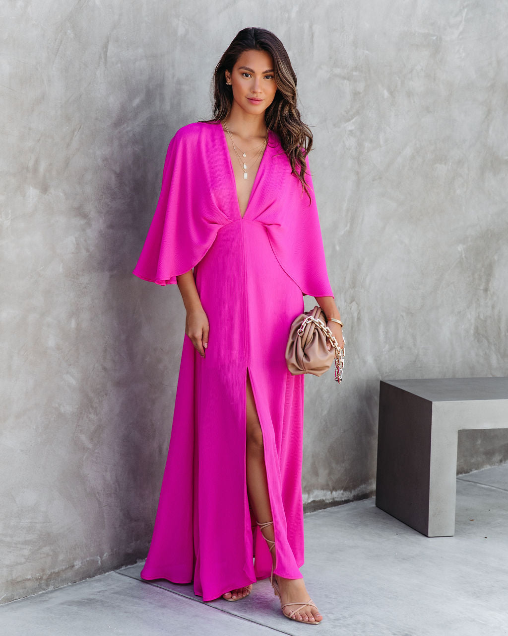 Beauty Meets Elegance Cape Sleeve Maxi Dress - Hot Pink