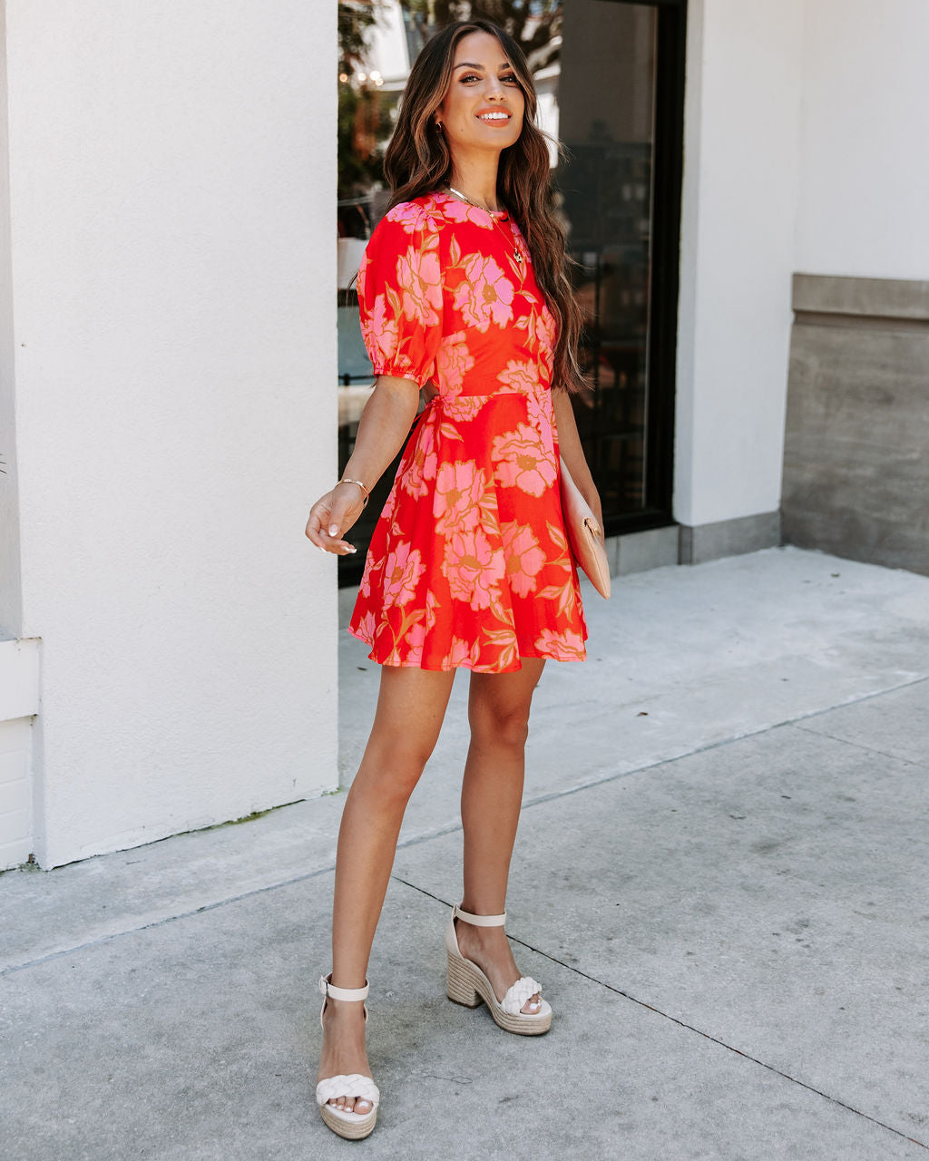 Bunny Cotton Floral Puff Sleeve Mini Dress - Red Pink - SALE