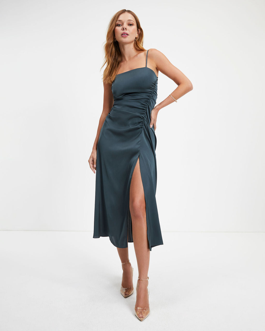 Luxe Doll Satin Drape Slit Midi Dress - Pine