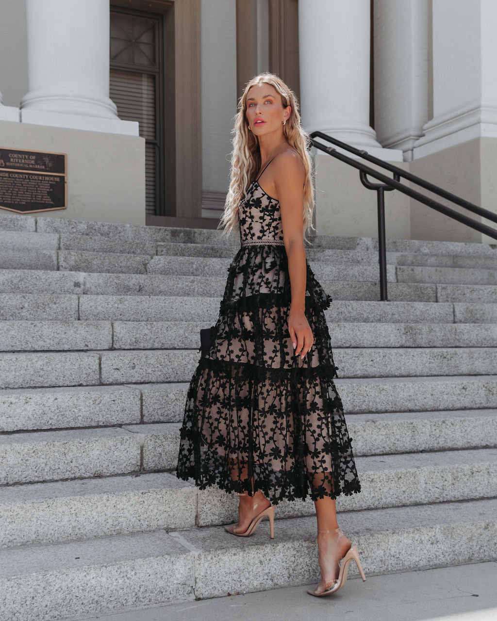 Pascal Tiered Crochet Lace Midi Dress - Black