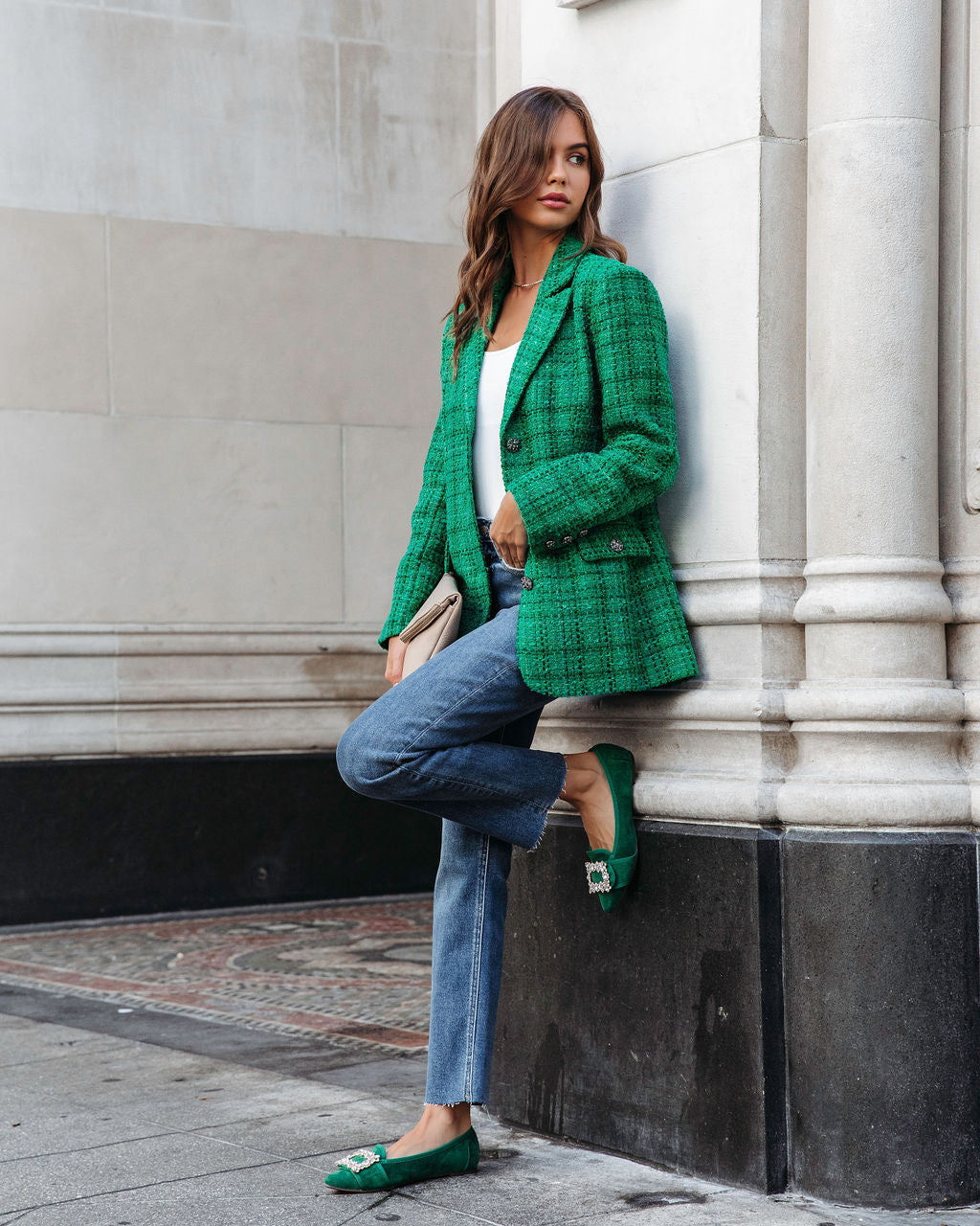 Priestly Pocketed Tweed Blazer - Emerald