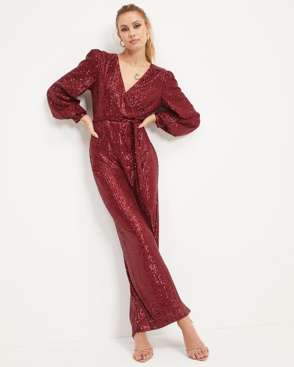 Whole New World Sequin Front Tie Jumpsuit - Burgundy
