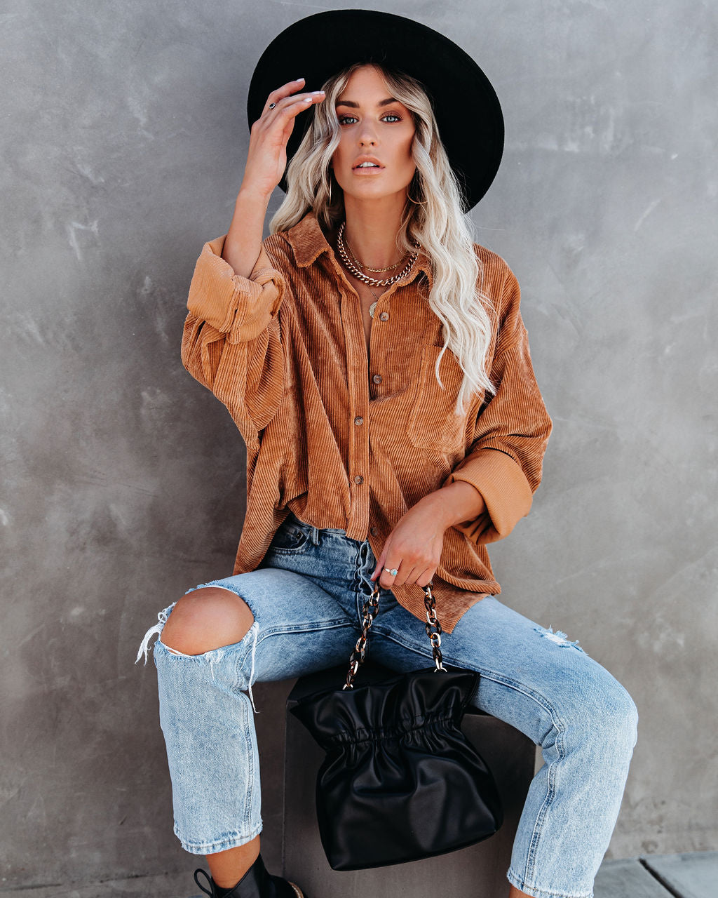 Kamryn Corduroy Button Down Pocket Top - Camel