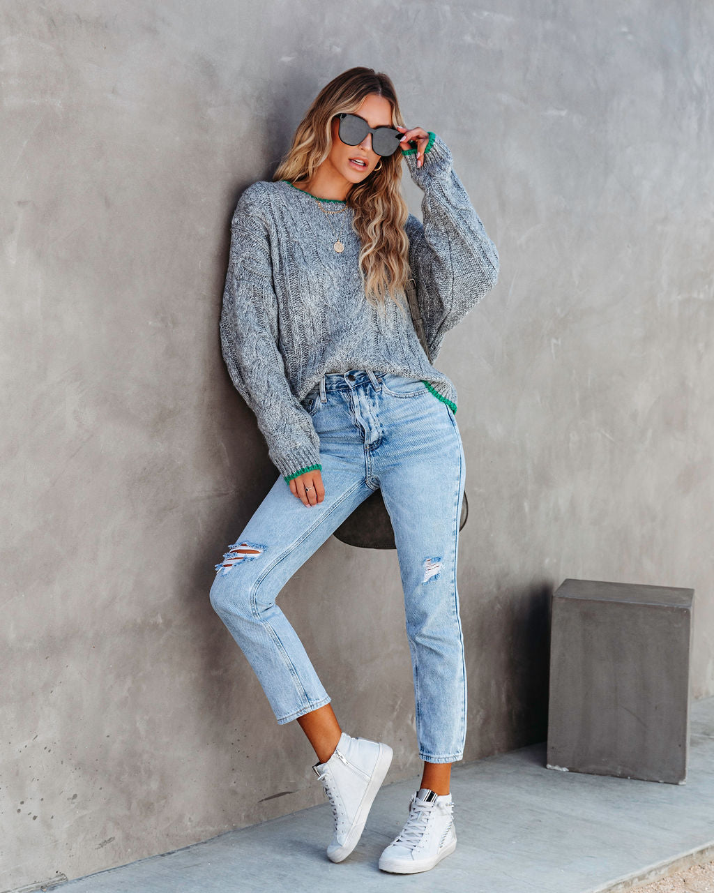 Chicago Strolls Cable Knit Sweater - Grey