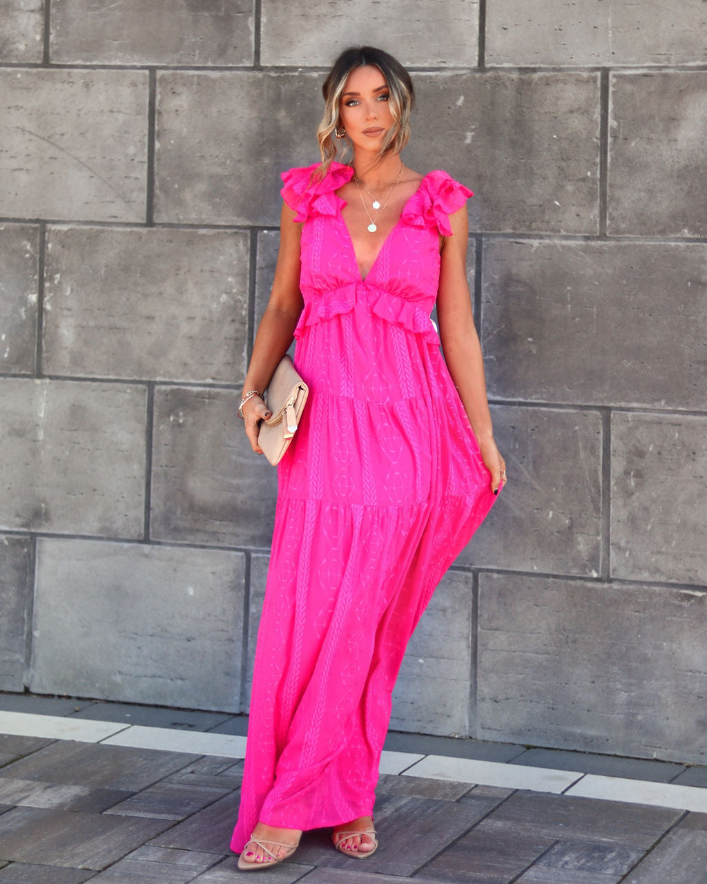 Debbie Embroidered Ruffle Maxi Dress - Fuchsia