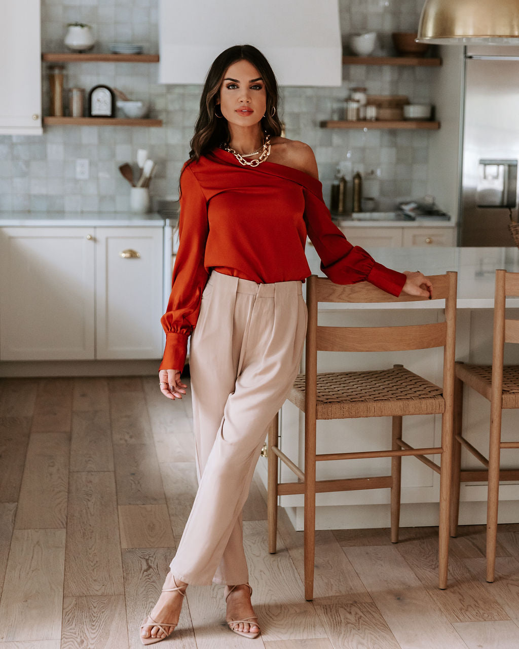 Runway Girl Satin Off Shoulder Top - Rust