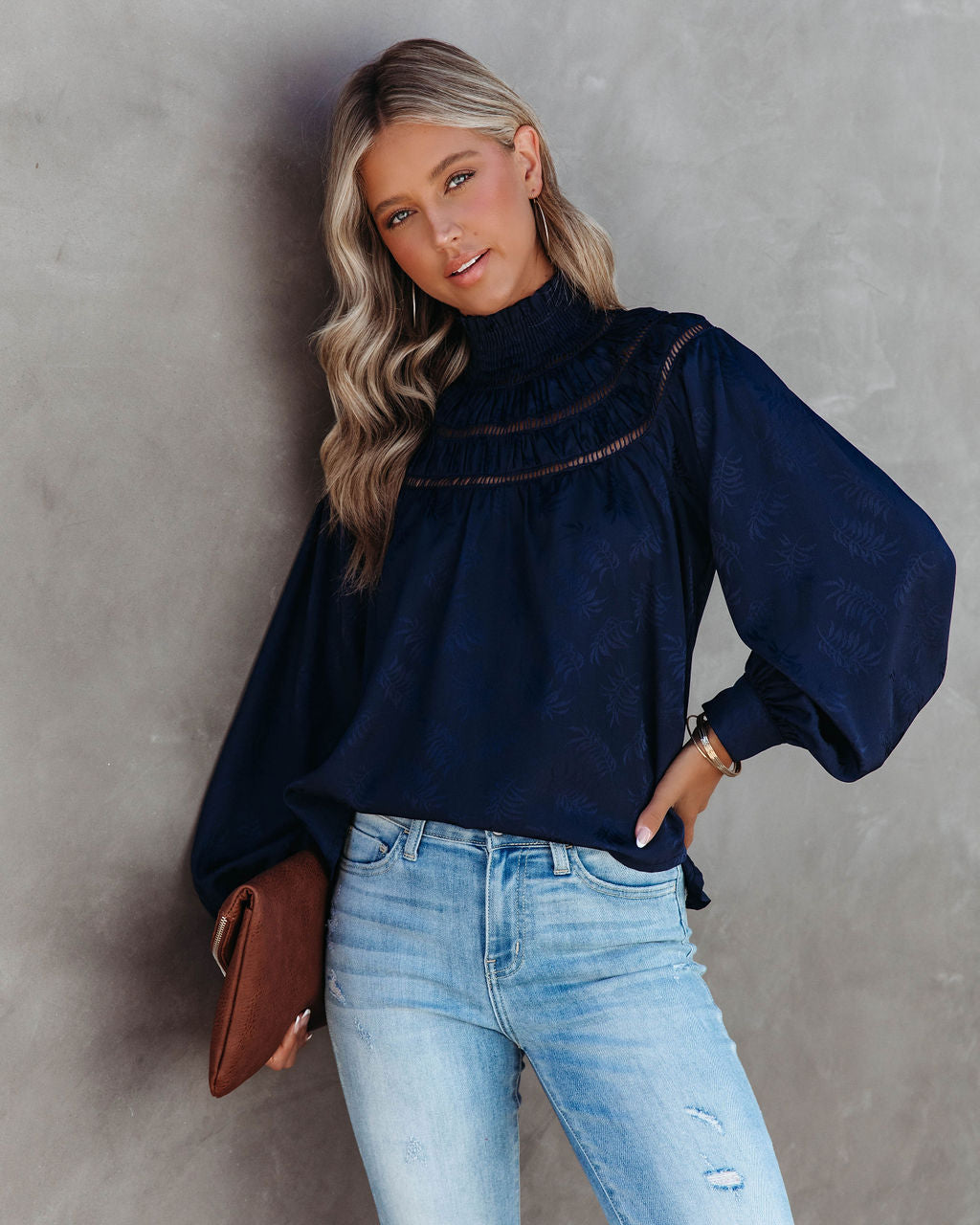Rococo Mock Neck Top - Navy - SALE