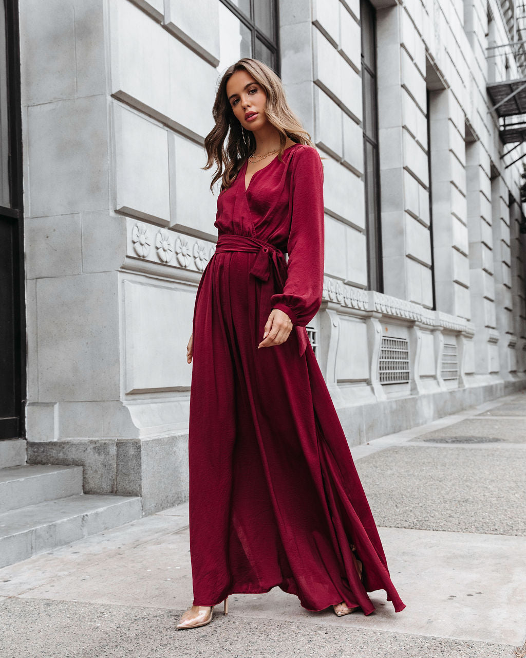 Belinda Satin Side Slit Maxi Dress - Burgundy