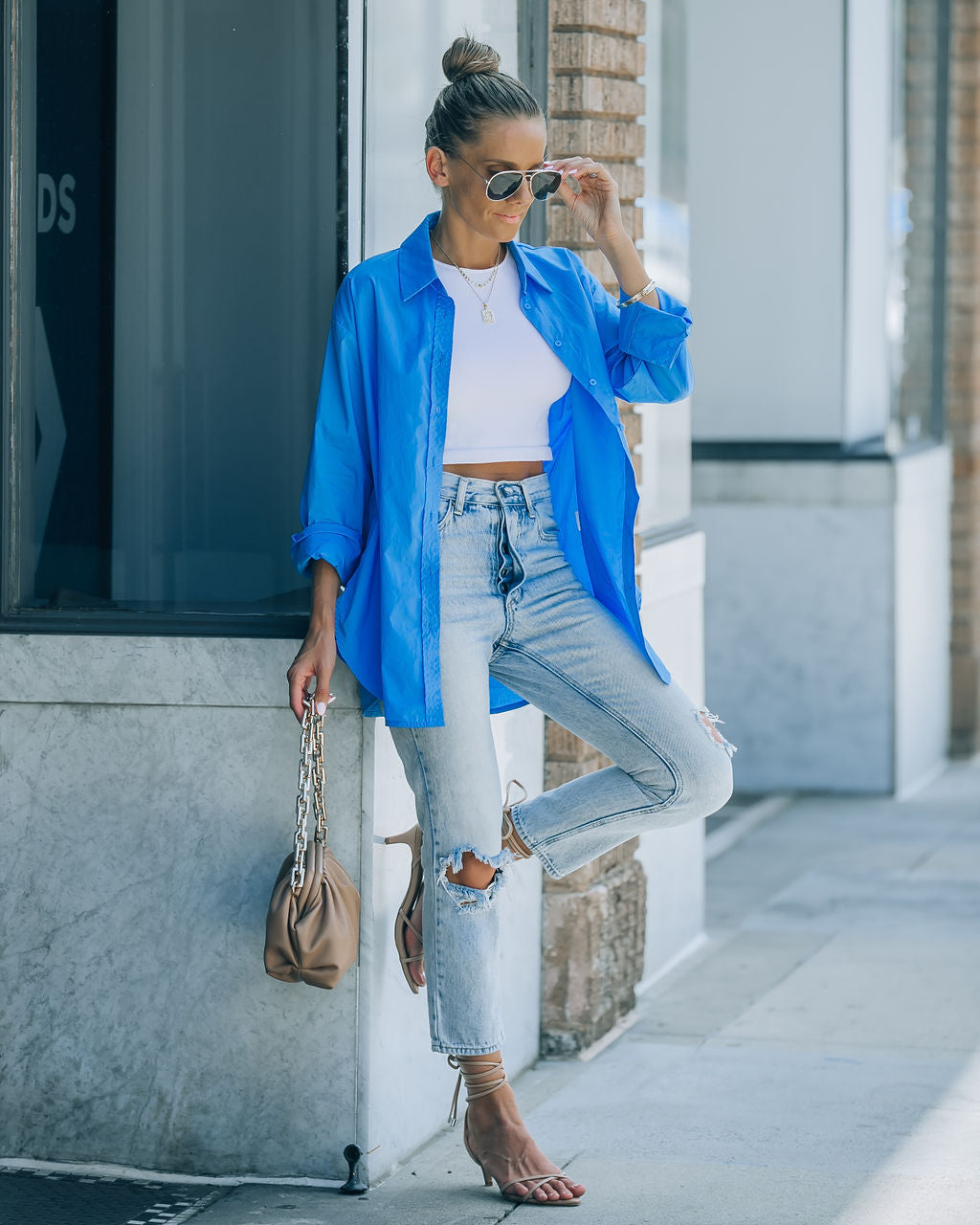 Leslie Button Up Cotton Top - Blue - FINAL SALE