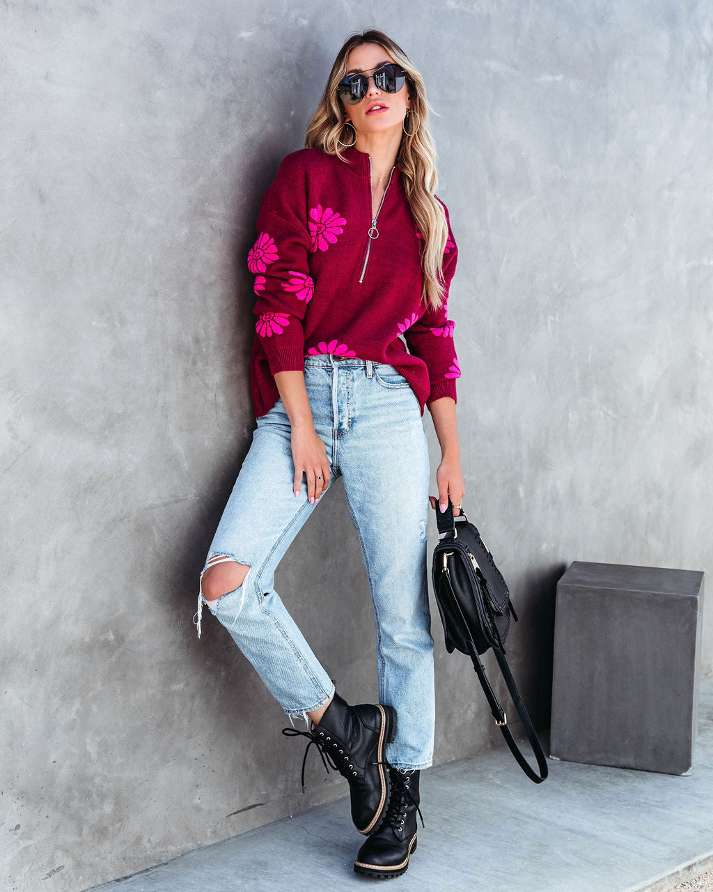 Happy As A Daisy Half Zip Pullover Sweater - SALE