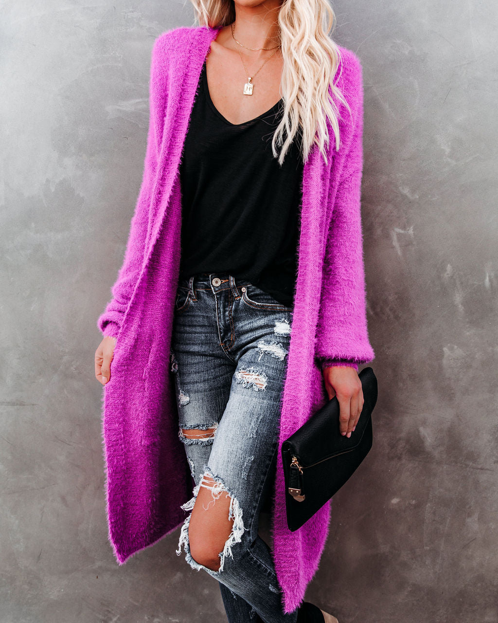 Glorious Pocketed Fuzzy Knit Cardigan - Magenta