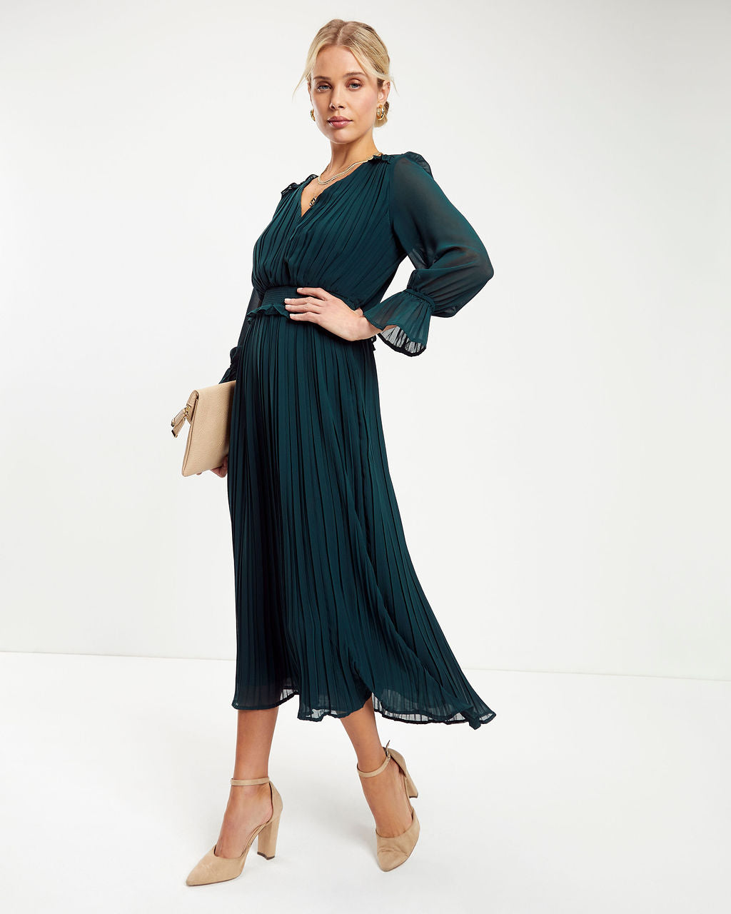 Forest Romance Pleated Midi Dress - Hunter Green