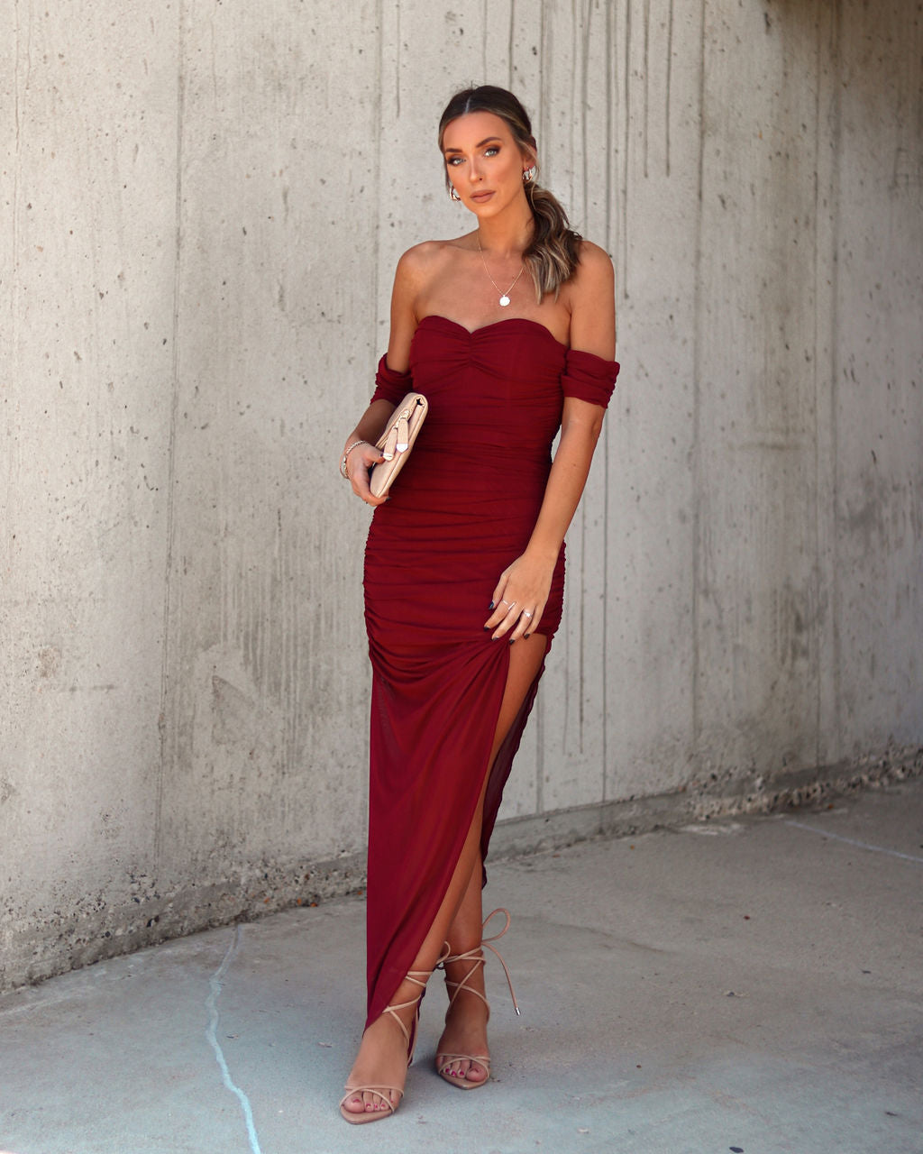 Pretty Women Off The Shoulder Sheer Maxi Dress - Wine