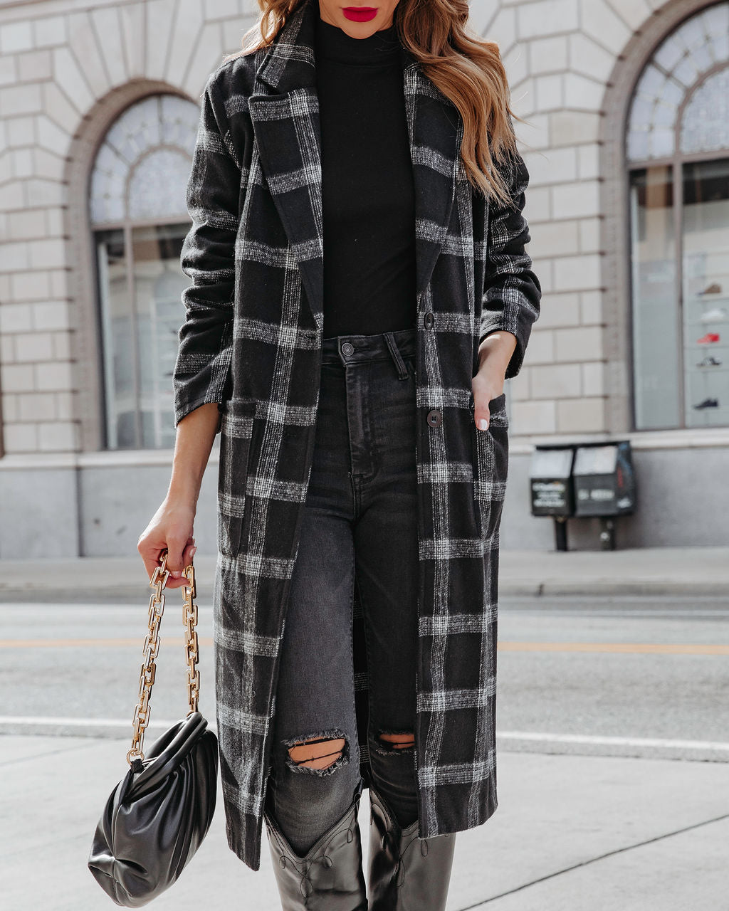 Francesca Plaid Pocketed Coat - Black
