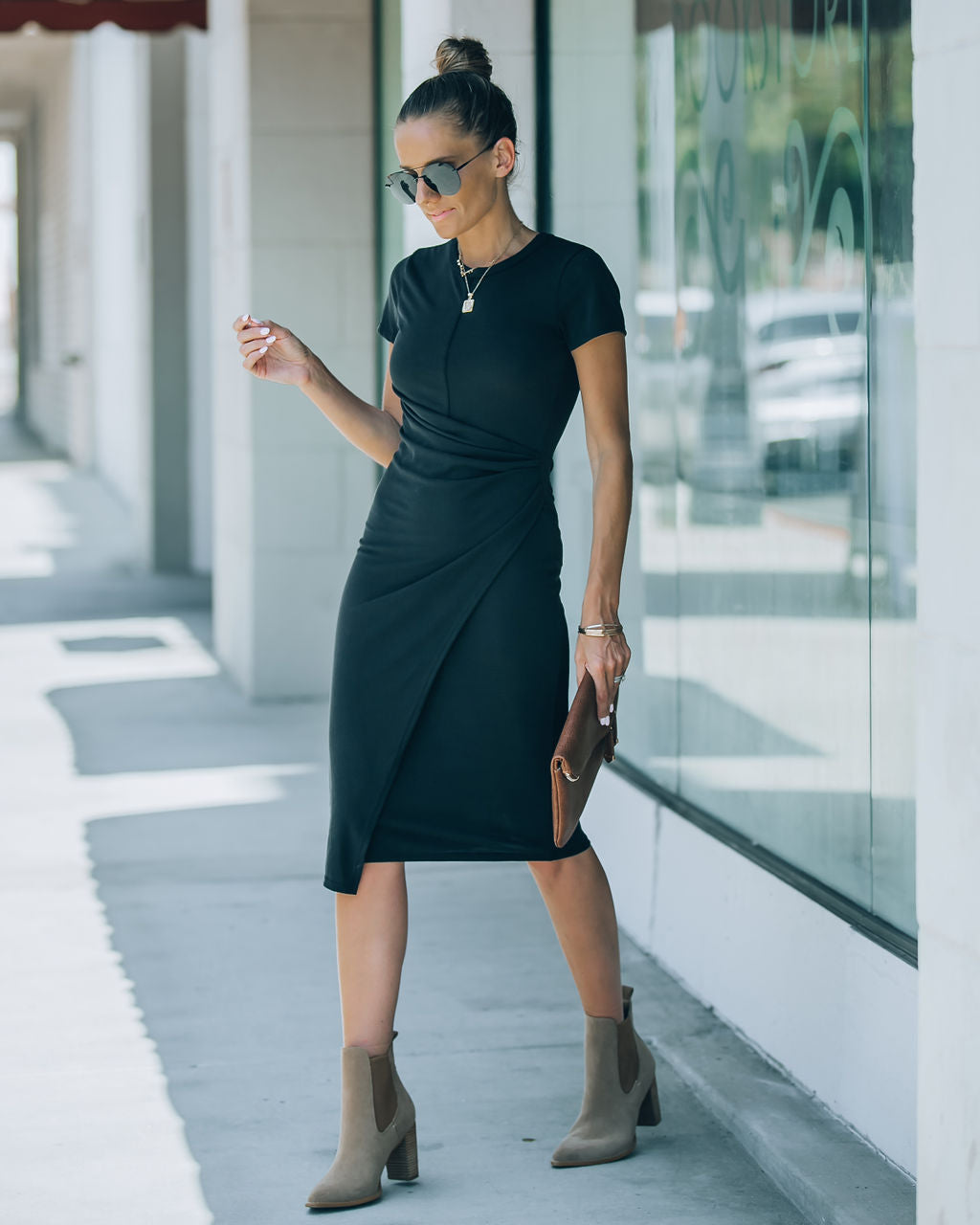 Rachel Side Ruched Midi Dress - Black - FINAL SALE