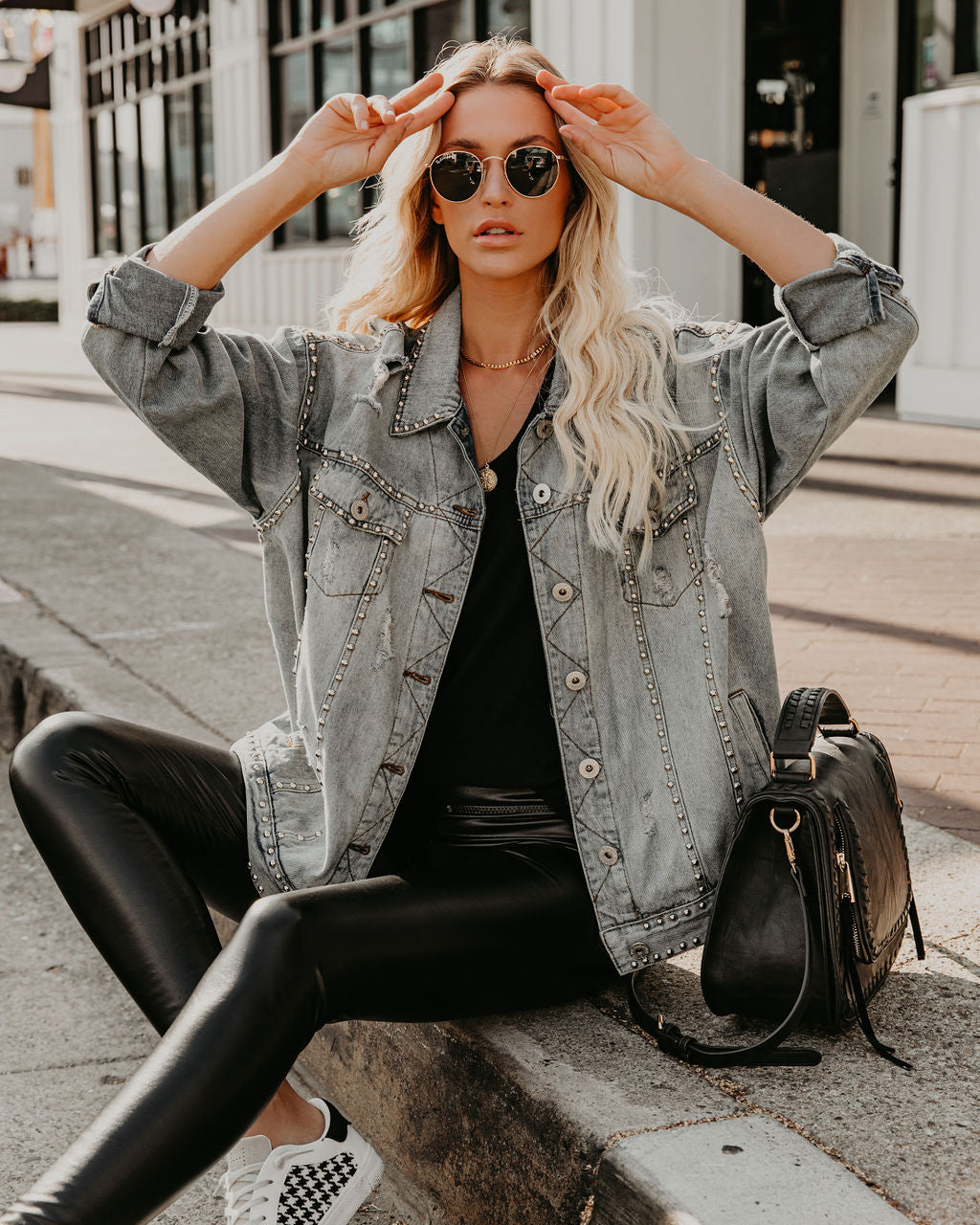 Kind Of A Big Deal Pocketed Studded Denim Jacket - Light Wash
