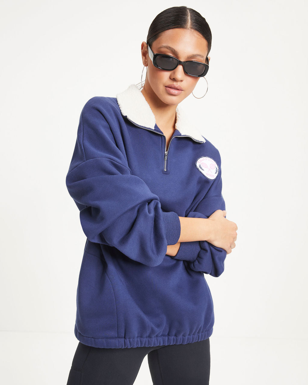 Hamptons Sports Half Zip Sherpa Trim Pocketed Pullover Sweater - Navy