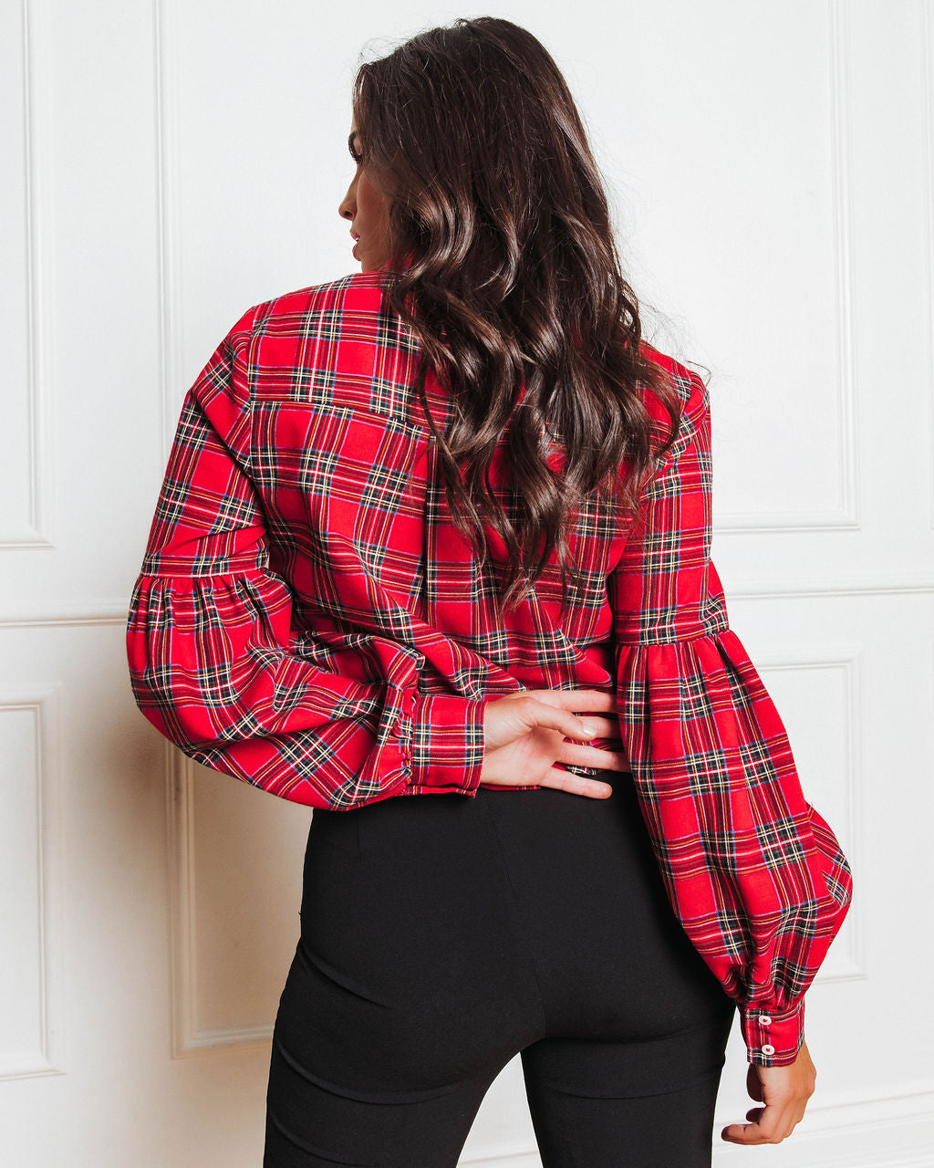Gift For Me Plaid Puff Sleeve Button Down Top