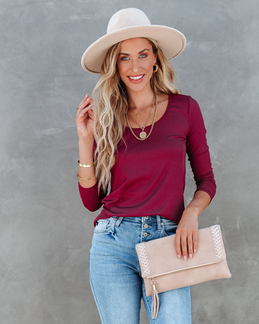 Elm Ribbed Long Sleeve Top - Burgundy - SALE