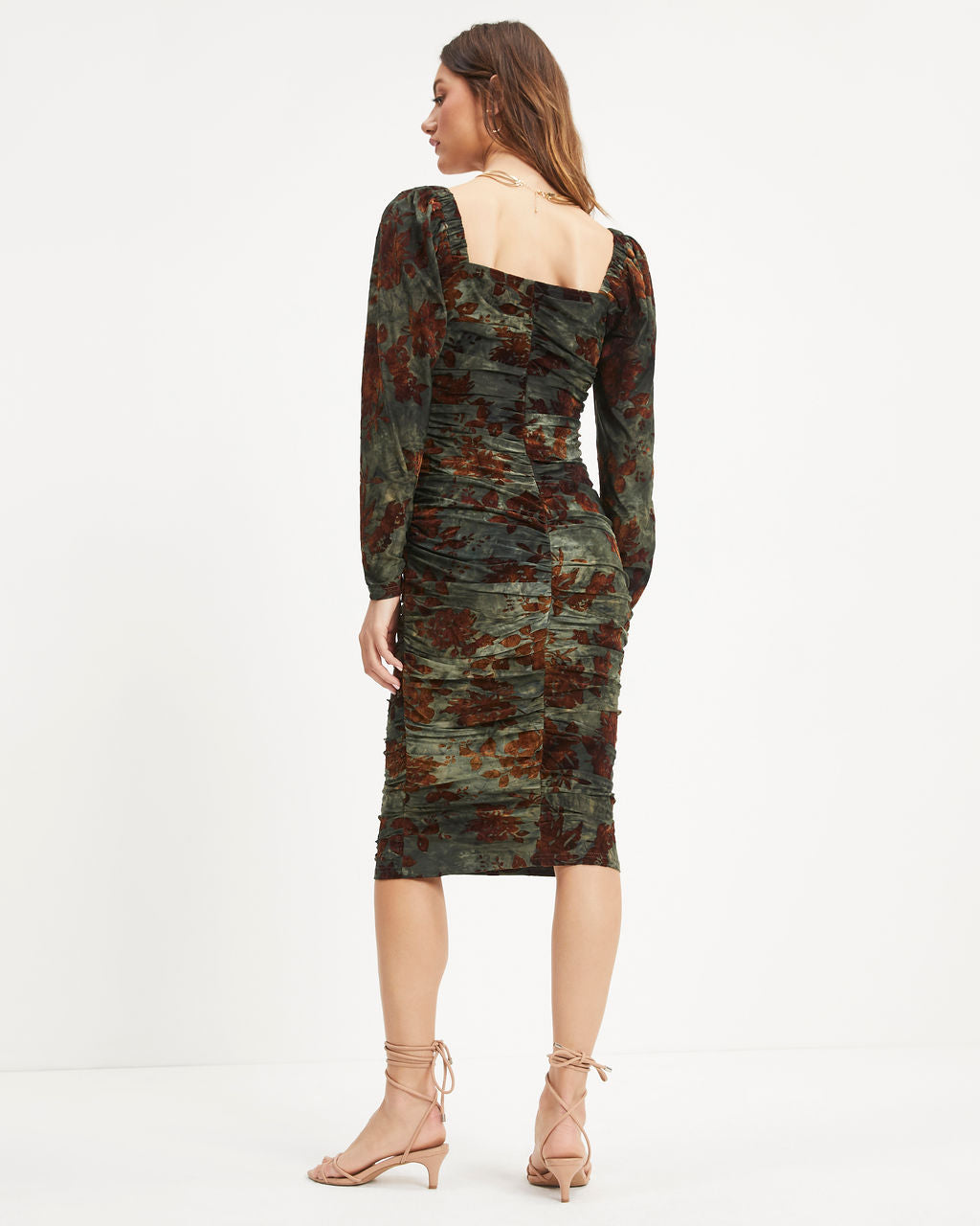 Cheers To Me Ruched Floral Velvet Midi Dress - Olive