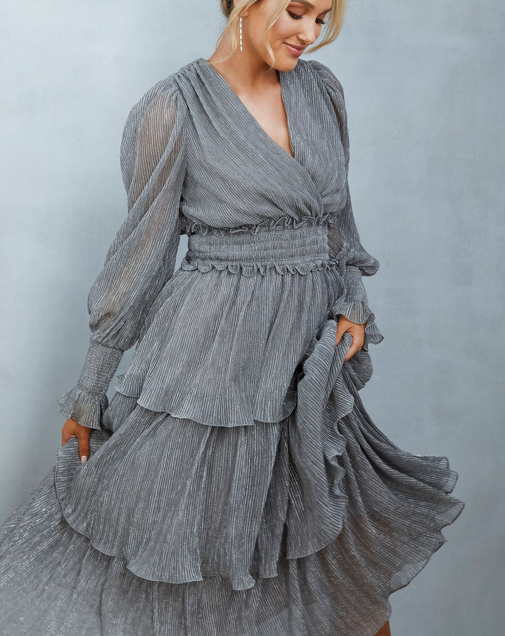 Meghan Metallic Tiered Maxi Dress - Silver