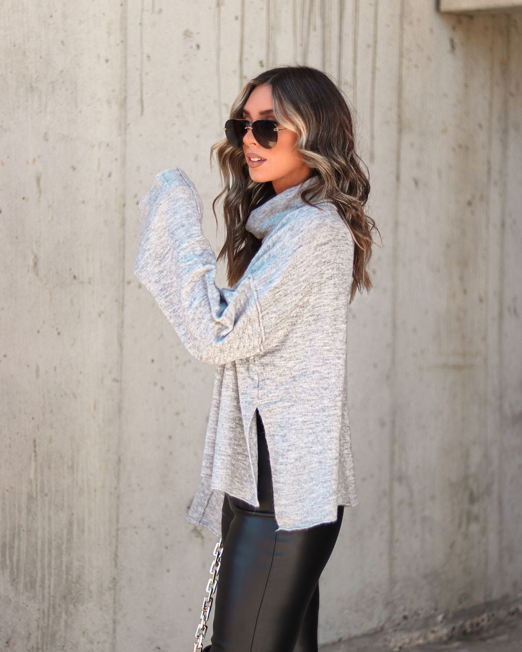 Unfinished Biz Knit Turtleneck Pullover Sweater - Heather Grey