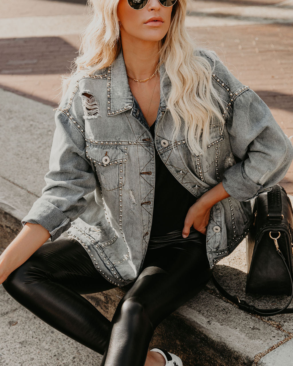 Kind Of A Big Deal Pocketed Studded Denim Jacket - Light Wash