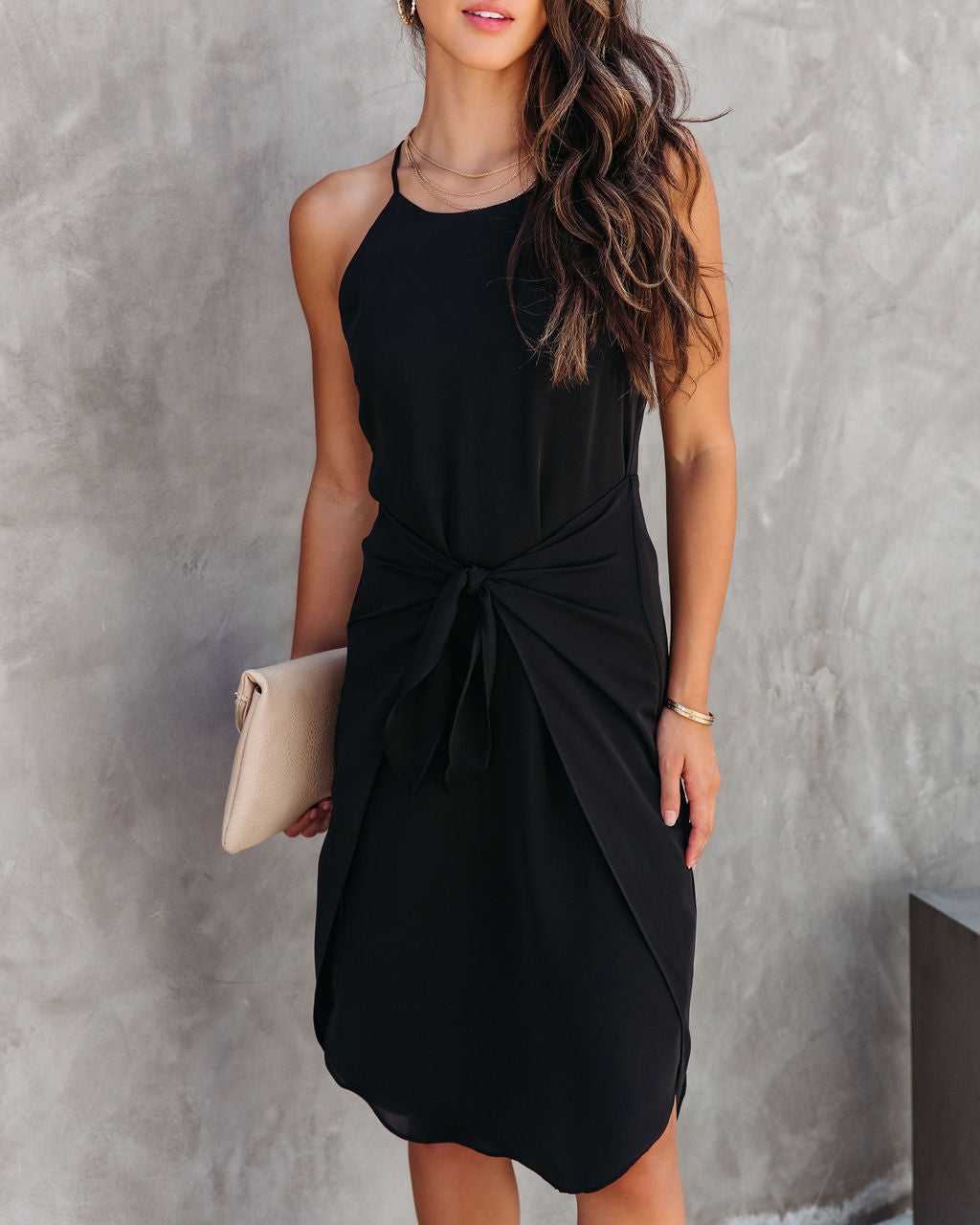 Londyn Front Tie Midi Dress - Black