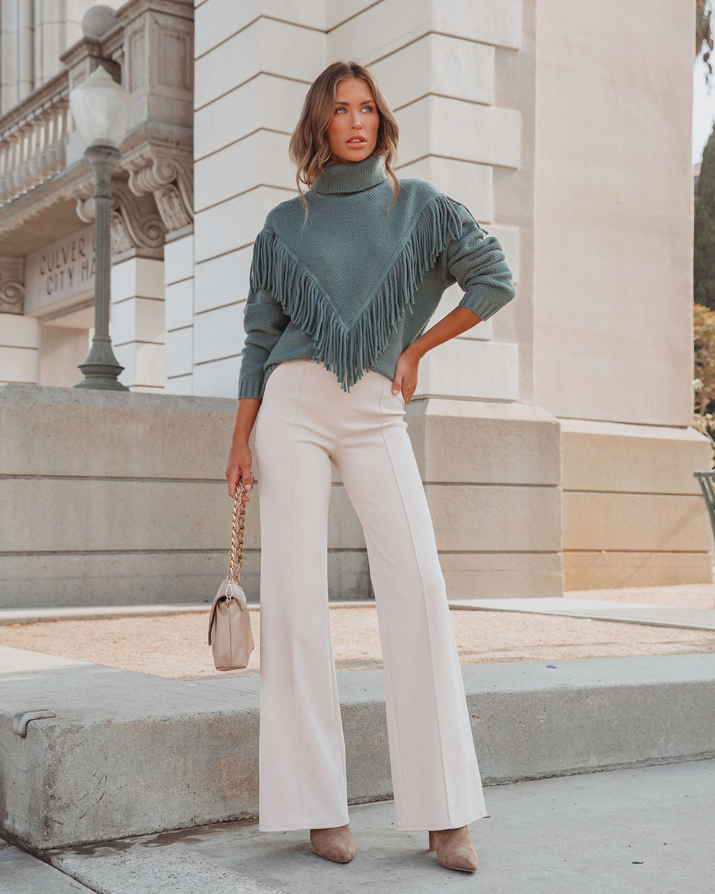 Annie Knit Fringe Turtleneck Pullover Sweater - Dusty Sage