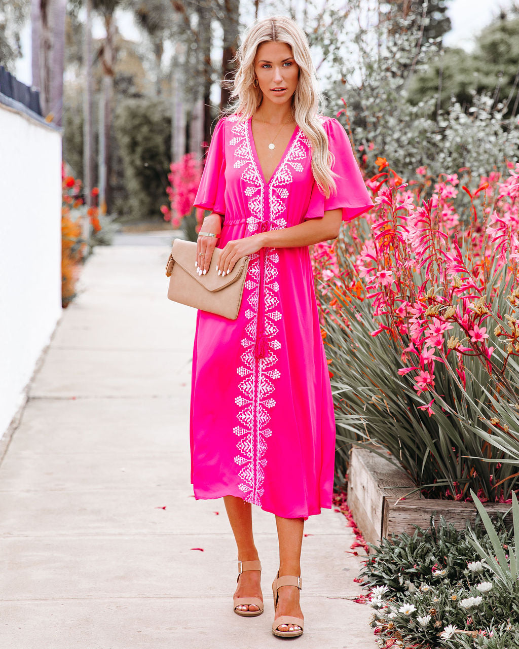 Presidio Embroidered Tassel Midi Dress - Fuchsia - FINAL SALE