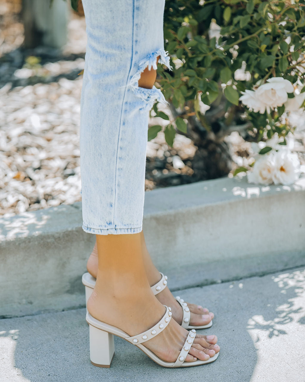 Aimee Studded Block Heeled Sandal - Beige - FINAL SALE