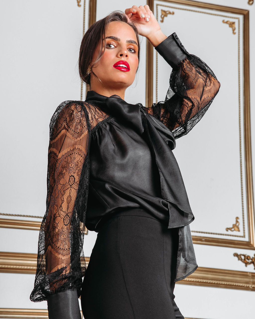 Memory Lane Strolls Lace Neck Tie Top - Black