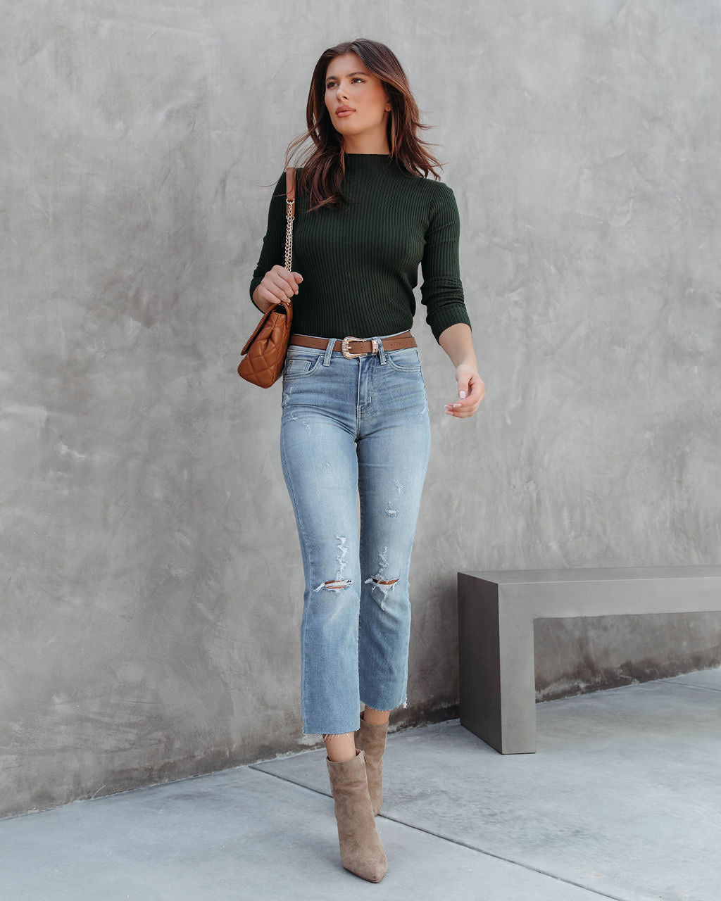 Naomi Ribbed Mock Neck Long Sleeve Top - Hunter Green