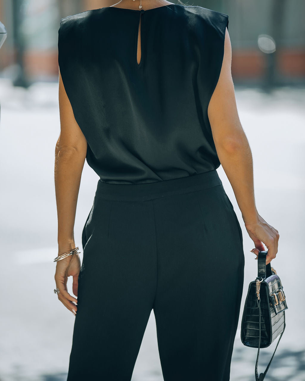 Fancy Gal Satin Padded Shoulder Top - Black - SALE