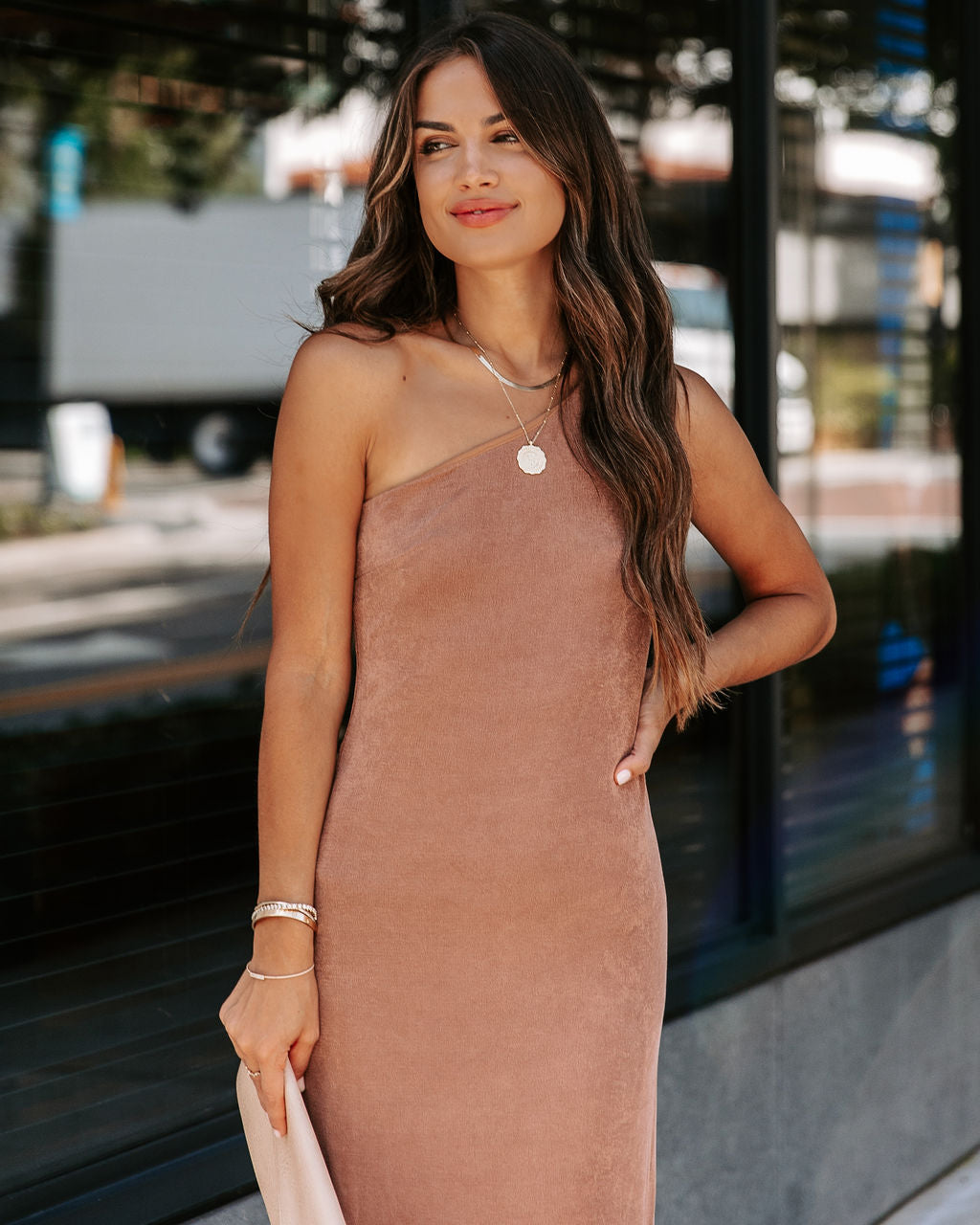 She Is Sensational One Shoulder Midi Dress - Mocha