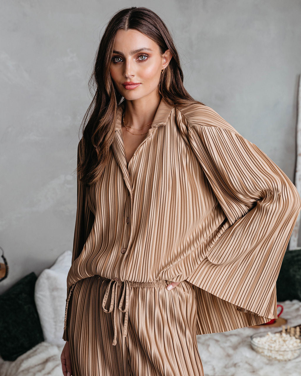 Hey Honey Plisse Button Down Top - Gold