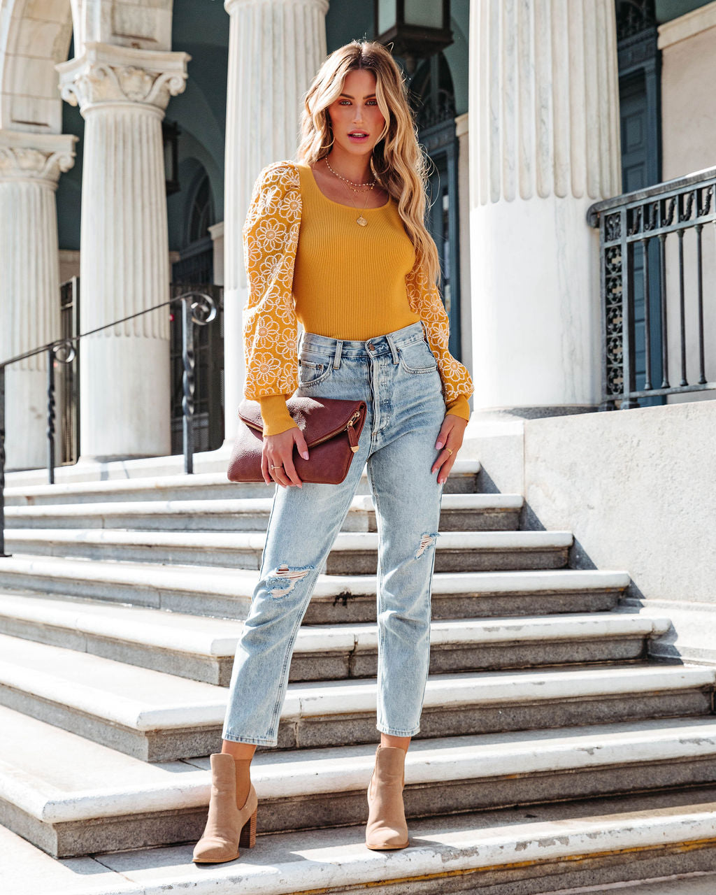 Sunshine Daisies Embroidered Knit Top - Mustard