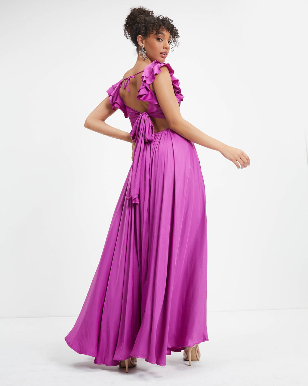 First Class Satin Ruffle Cutout Maxi Dress - Orchid - FINAL SALE