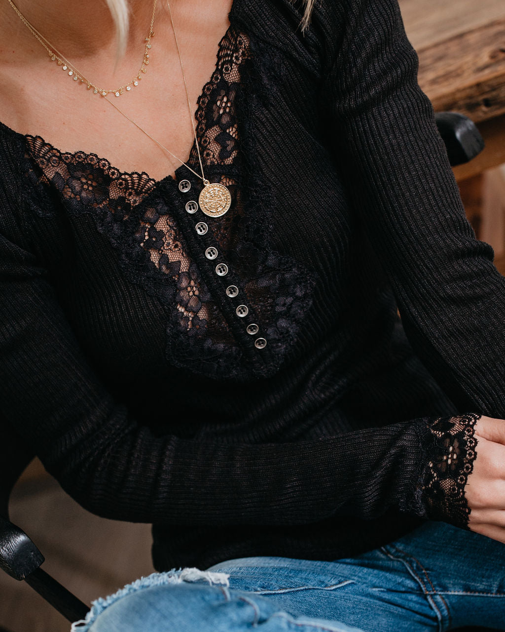 Isn'T It Romantic Lace Henley Top - Black