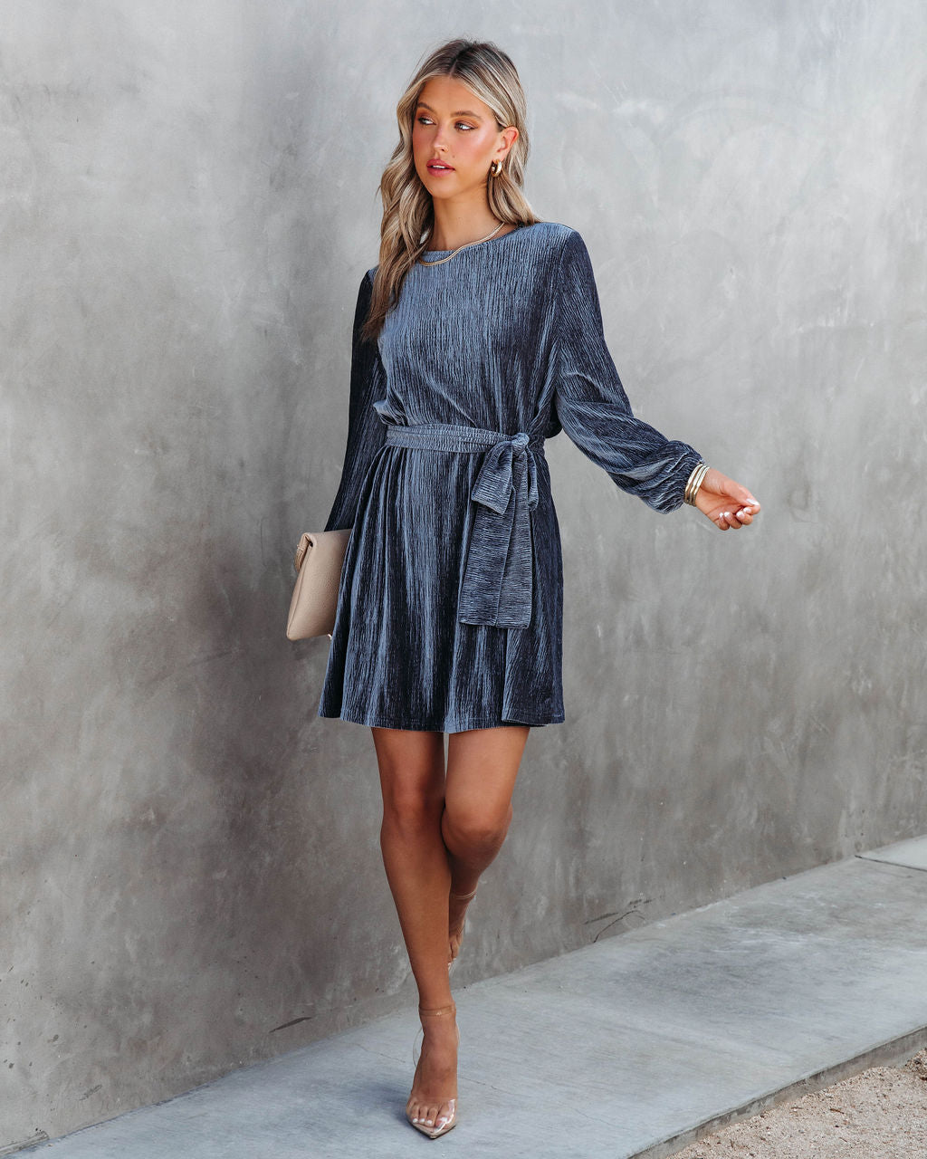Harlyn Velvet Tie Dress - Grey