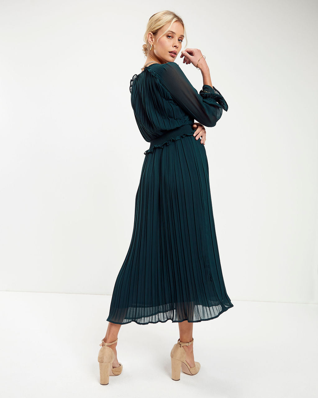 Forest Romance Pleated Midi Dress - Hunter Green