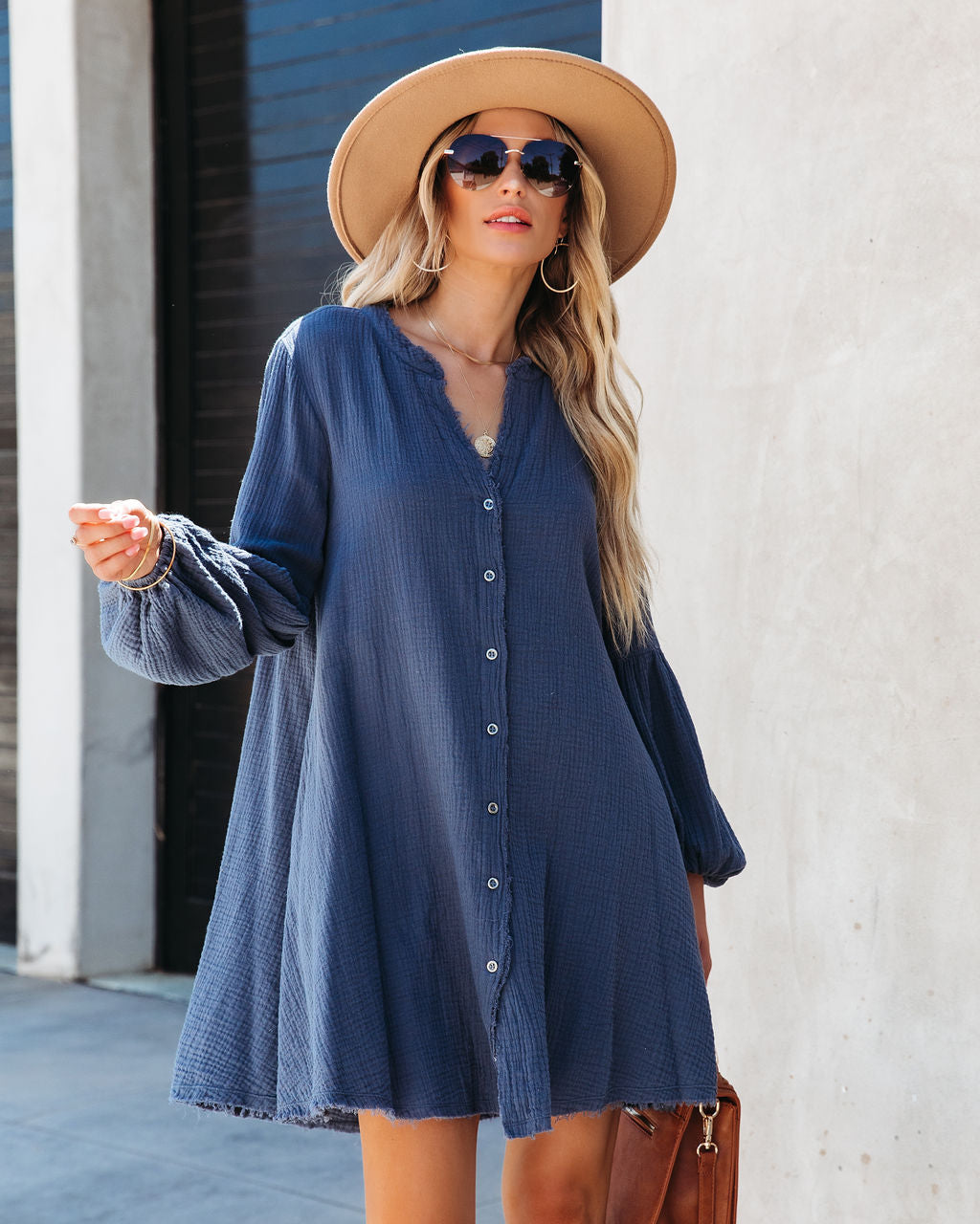 Blakeley Cotton Pocketed Button Down Shirt Dress - Navy - SALE