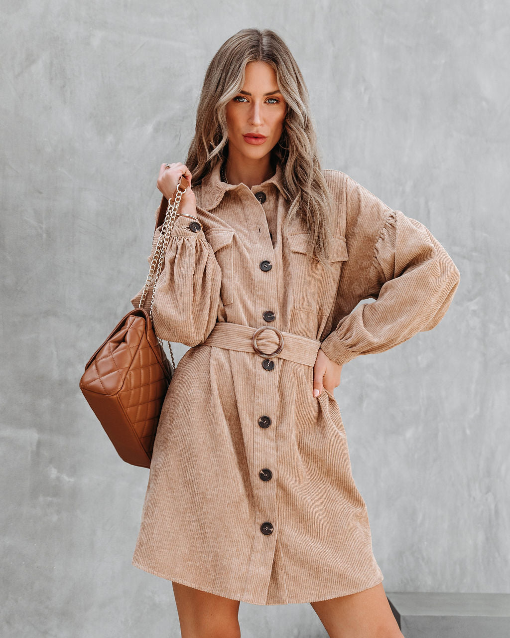 Glimpse Of Autumn Corduroy Belted Mini Dress - Camel