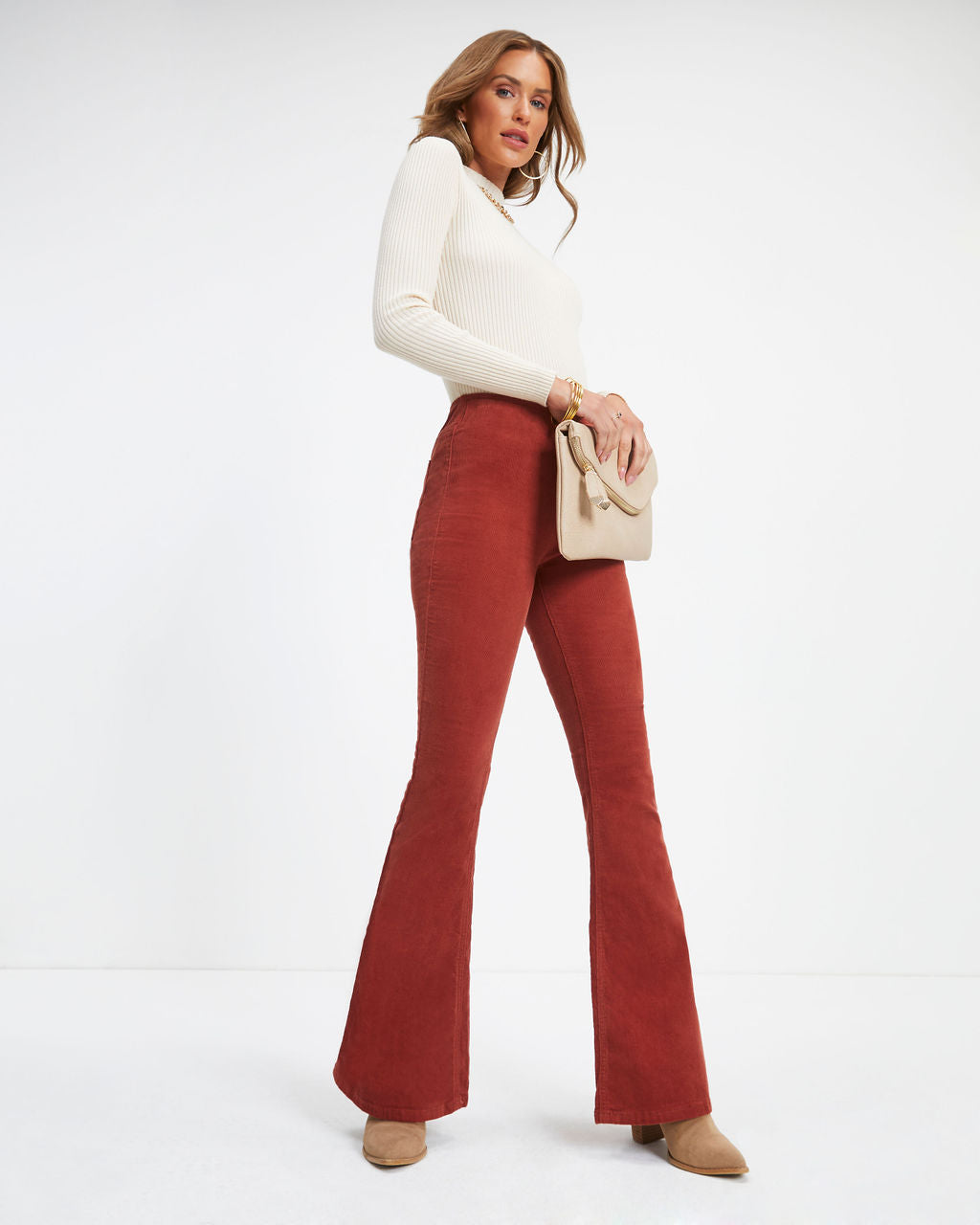 Sophie High Rise Bell Bottom Corduroy Pants - Brick