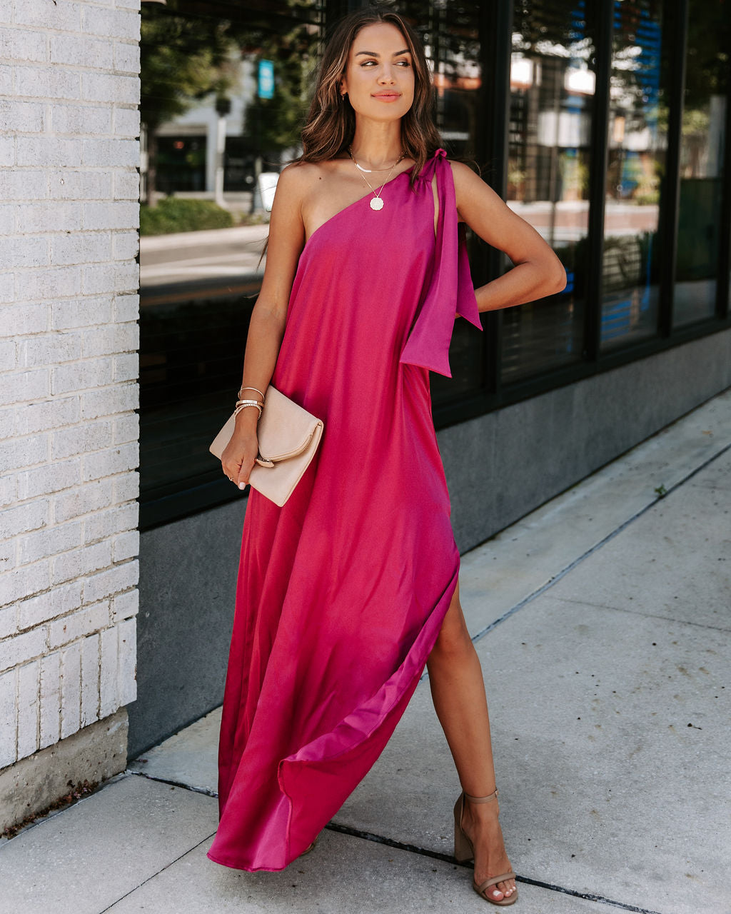 Invite Only Satin One Shoulder Maxi Dress - Burgundy