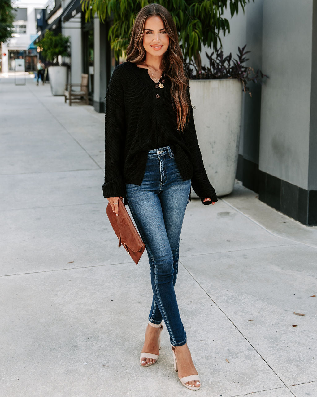 Stacey Knit Henley Sweater - Black