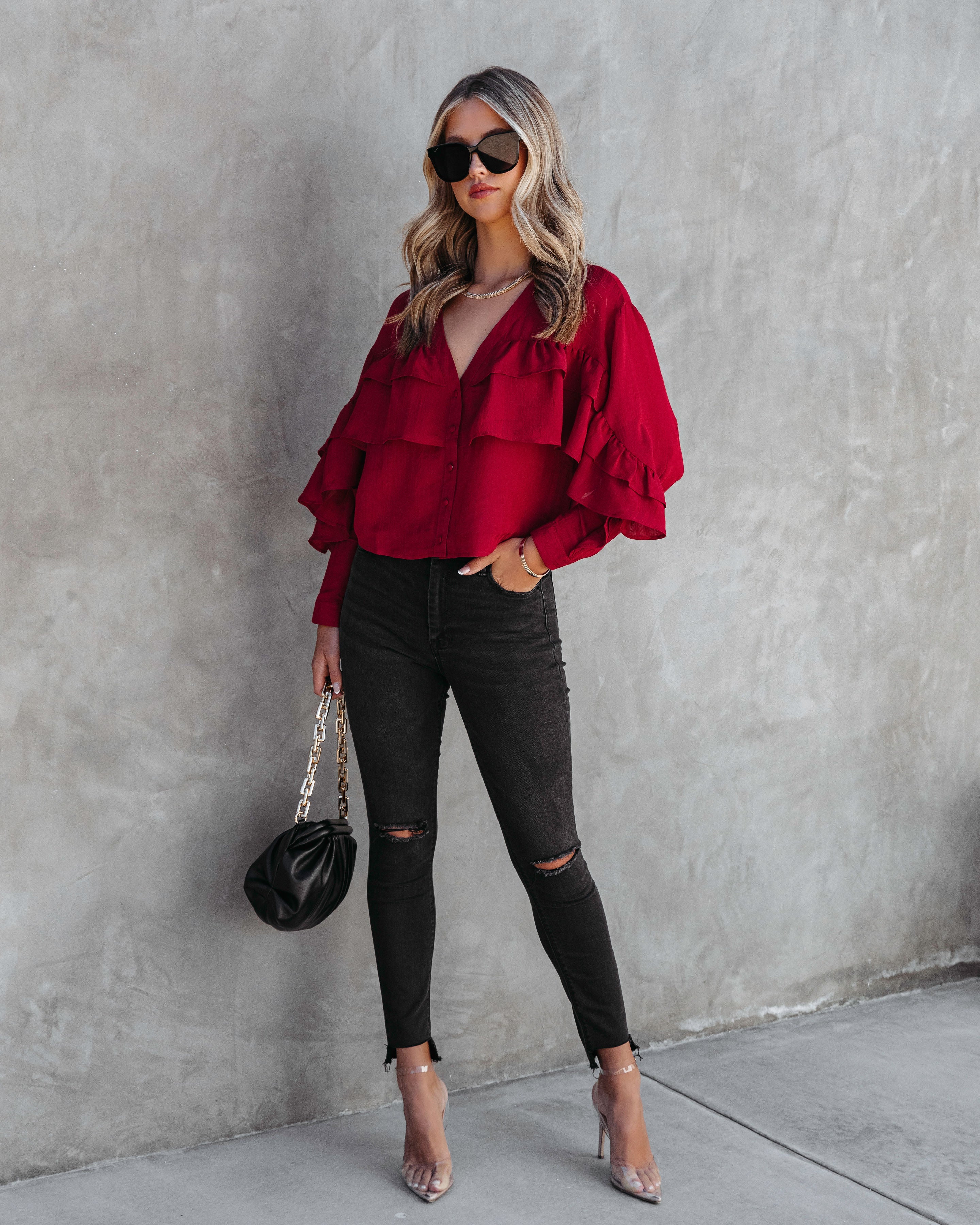 Mary Ruffle Button Down Top - Wine