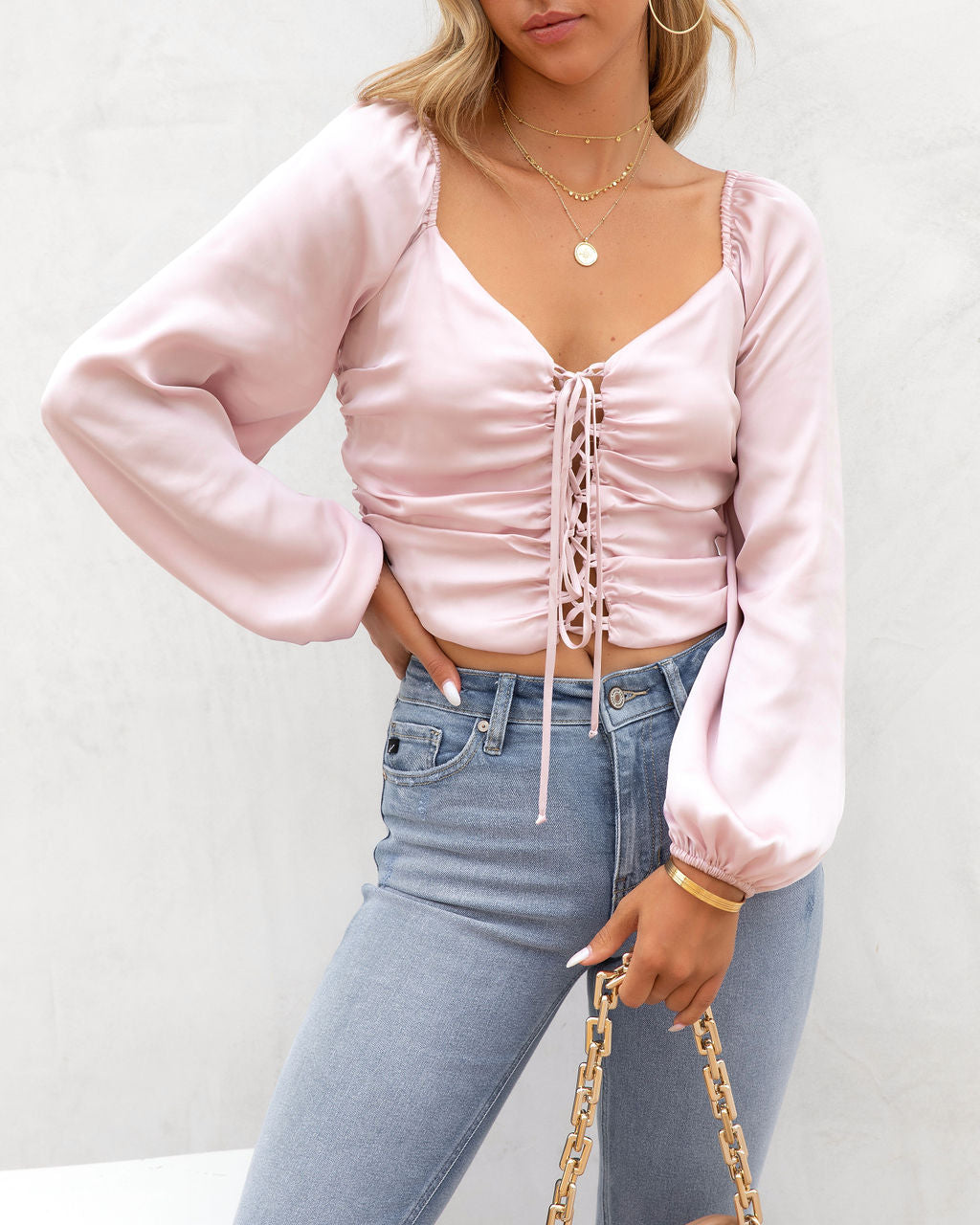 Lila Grace Satin Lace Up Crop Top - Pink - FINAL SALE