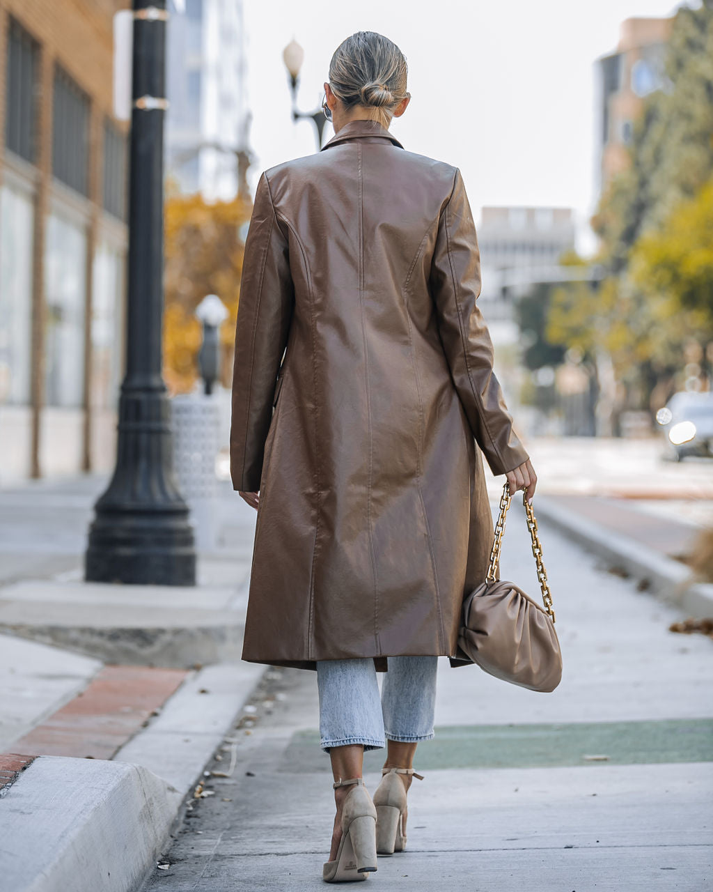Top Of The Press Pocketed Faux Leather Trench Coat - Chestnut